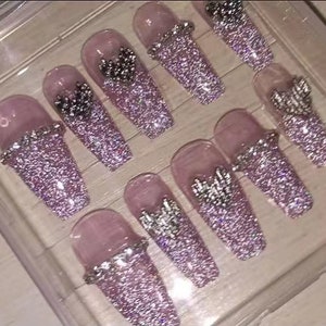 Handmade Purple French Ombre Glitter Press on Nails Purple Nails