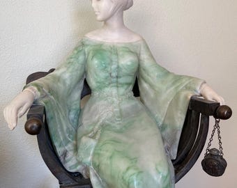 Emilio P. Fiashi Marble and alabaster statue of seated lady on bronze seat