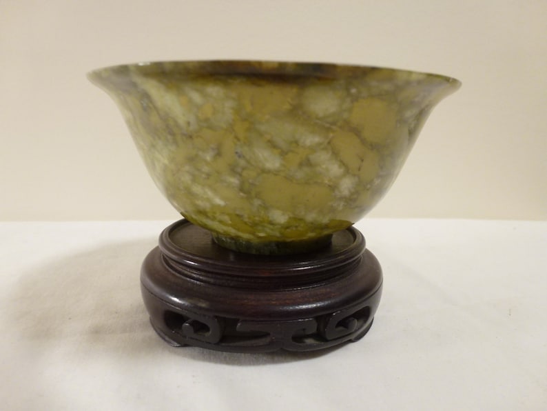 Chinese Spinach Jade Bowl With Gold Tones Etsy