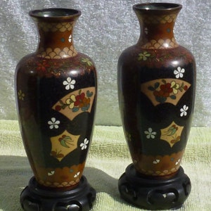 6" Pair of Meiji brown ground cloisonne vases