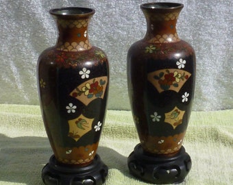 6" Pair of Meiji brown ground cloisonne vases
