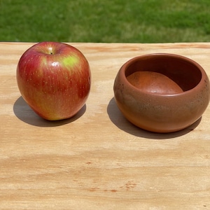 May include: A red apple with green and yellow hues sits next to a small, round, brown ceramic bowl. The apple is on a light brown wooden surface, with a blurred green background.
