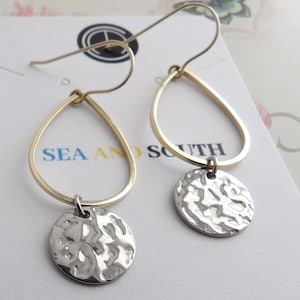 Two-tone hammered disc dangle earrings mixed metal earrings teardrop dangle earrings two-tone earrings stainless steel disc earrings
