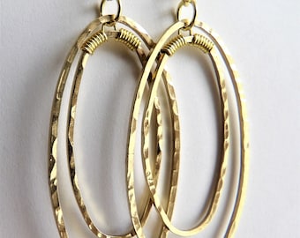 Gold hammered oval hoop earrings double hoop earrings textured hoop earrings handmade hoops everyday dangle gold earrings gold drop earring