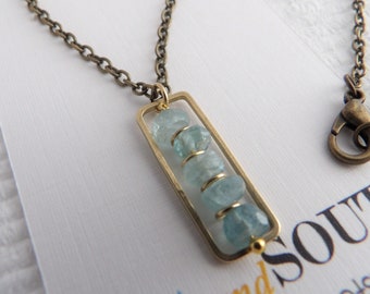 Rustic Apatite Gemstone Necklace - Bronze Chain, Raw Cut Stone