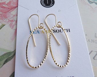 Etched Gold Oval Hoop Earrings, 14k Gold Filled