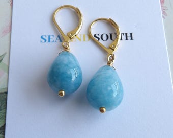 Blue Angelite Teardrop Earrings: Gold Plated Lever-Back Dangle