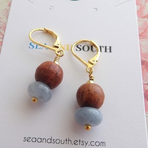 Rosewood bead and gemstone dangle earrings natural wood bead earrings chalcedony gemstone earrings wood bead dangle drop earrings for her