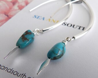 Turquoise Nugget Earrings, Sterling Silver Ear Wire, Modern Dangle Charm