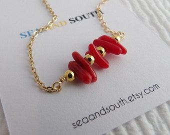 Red Coral Necklace with 14k Gold Filled Chain, Gemstone Stick Coral