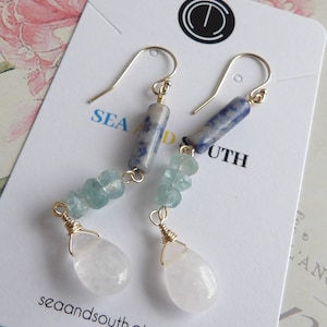 Multicolor gemstone dangle earrings multi gemstone earrings long drop gemstone earrings semiprecious dangle earrings three stone dangles