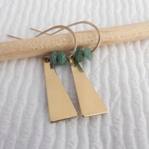 Gold triangle earrings jade jewelry green jade geometric brass earrings dangle earring gemstone earrings gift for her earrings triangle drop