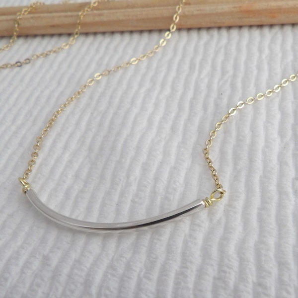 Curved tube bar necklace sterling silver bar necklace gold necklace bar necklace noodle bead necklace curved necklace mixed metal necklace