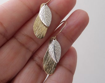 Two-Tone Leaf Dangle Earrings, Mixed Metal Botanical Jewelry Silver and gold earrings minimalist earrings boho earrings for her