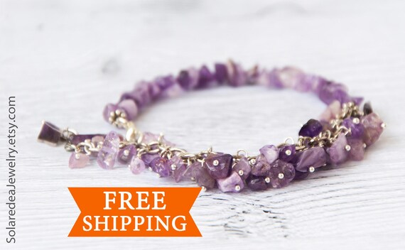 Amethyst bracelet, February birthstone bracelet, Amethyst jewelry, Purple raw stone jewelry