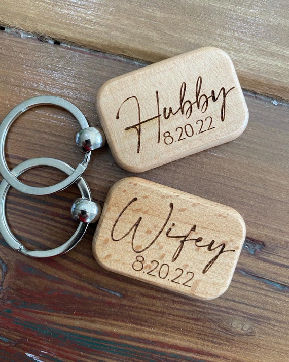 Personalized Wifey, Hubby keychain. Engraved with date. Wedding gifts, shower gift ideas