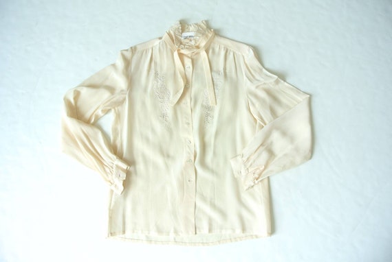 Vintage 1970s silk cream white secretary blouse