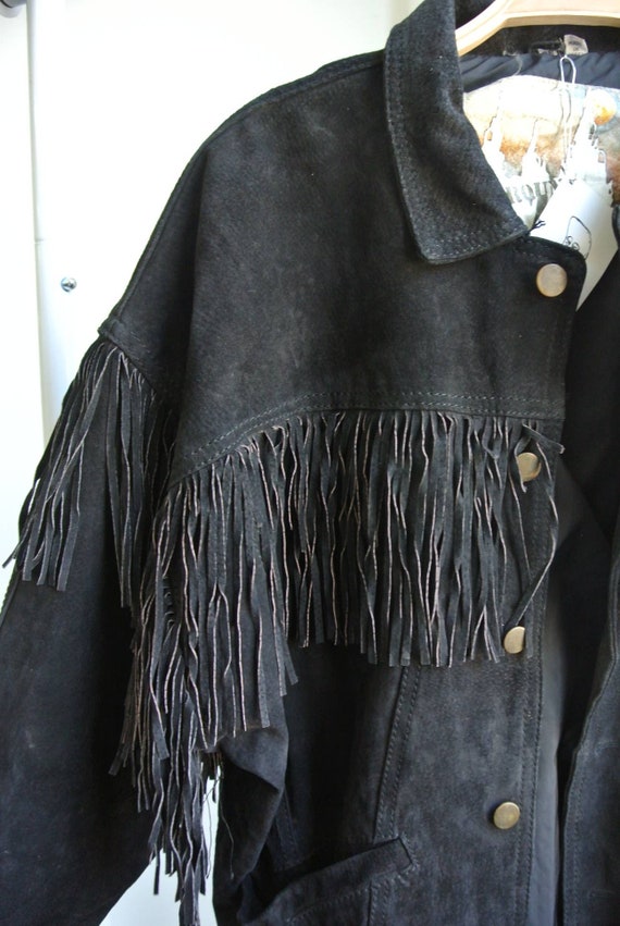 Vintage 1980s fringed black suede leather jacket - image 3