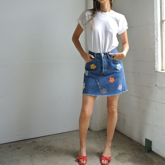 Reworked Vintage Levi's Blue Denim Mini Skirt Flower Patches W26