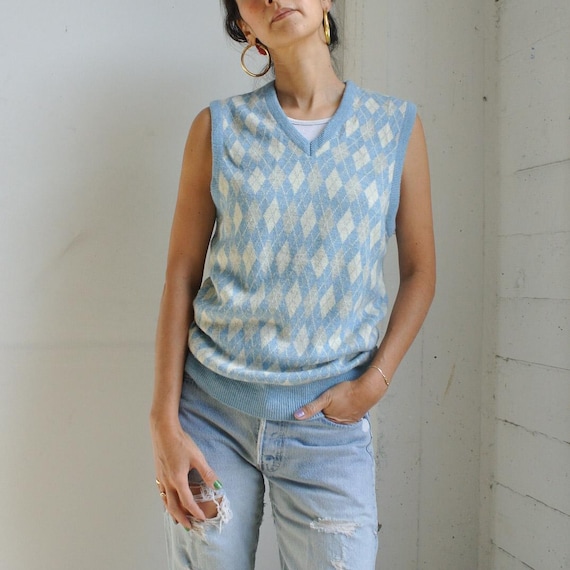 売れ筋新商品 1970s Vintage Preppy Retro – Vest Knit Argyle Blue Baby トップス