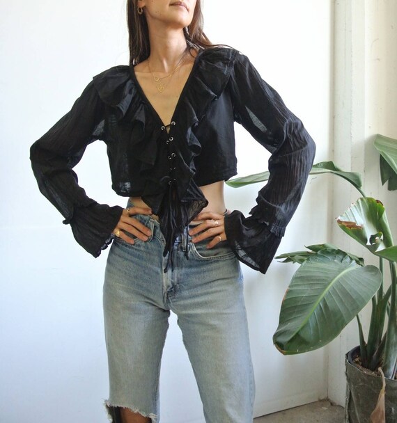 Vintage 1990s black ruffle crop top cotton sheer b