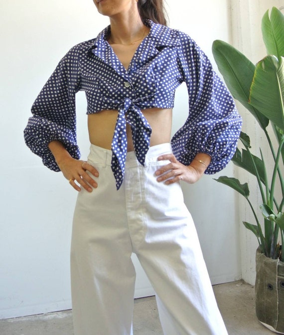 Vintage 1970s polka dot crop top balloon sleeve b