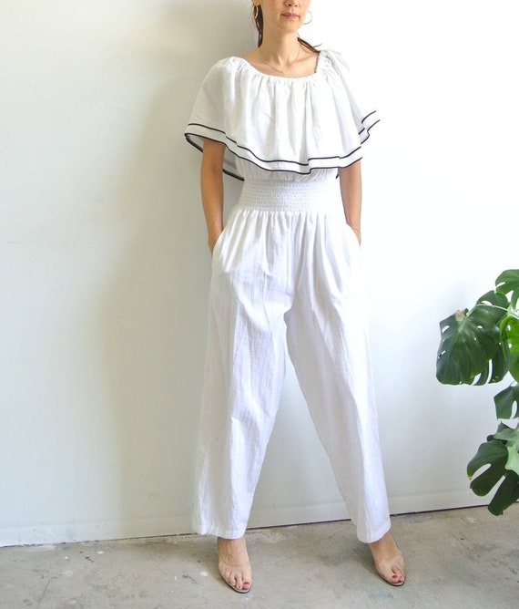 Vintage 1980s ruffle collar white jumpsuit