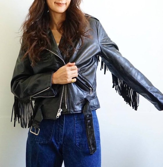 Vintage 1980s fringed black genuine leather motorc