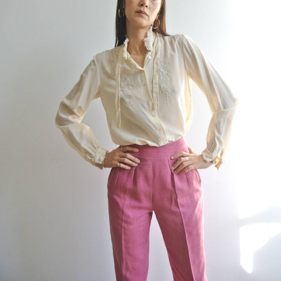 Vintage 1970s silk cream white secretary blouse