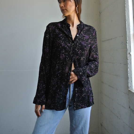 1990s Vintage Carole Little floral wrinkled blouse
