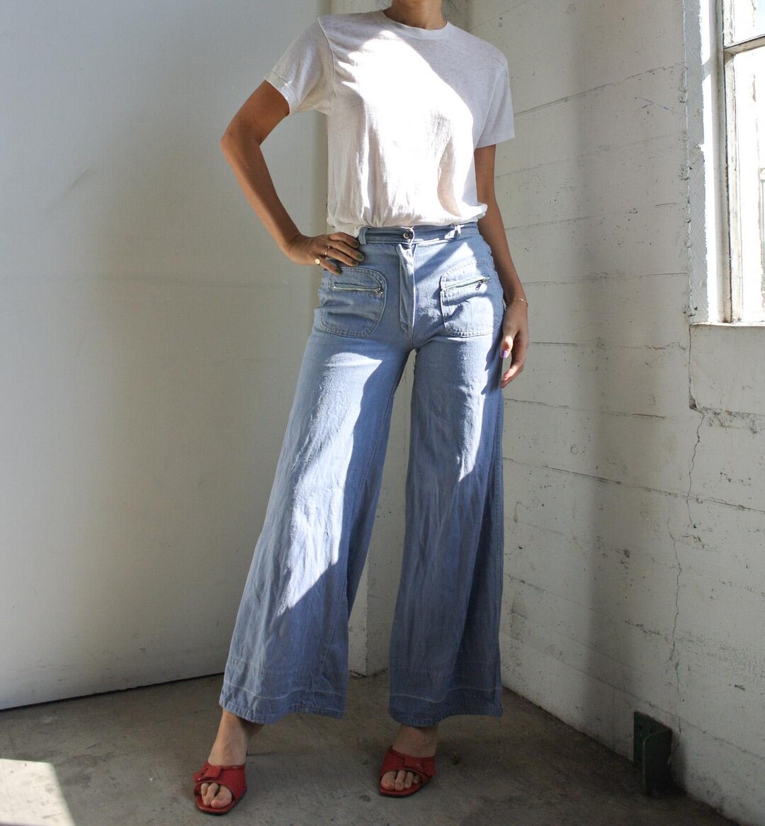 Vintage Brown Bell Bottom Jeans, Tapestry Banding, 70s/80s Hippie Pants 29