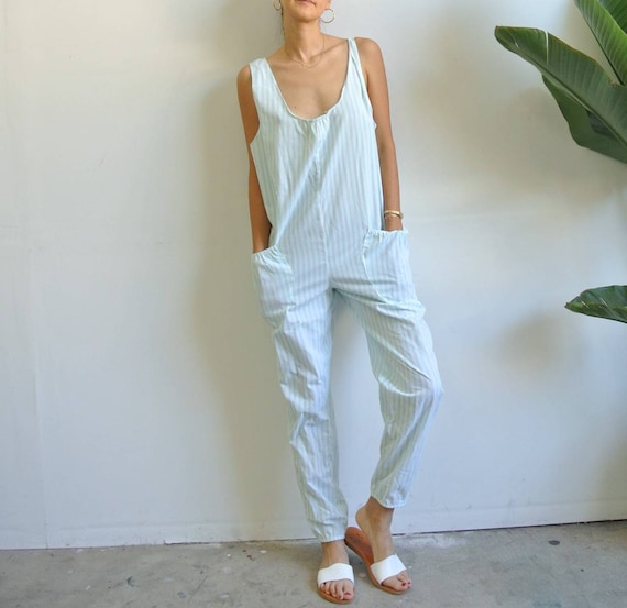 Vintage 1980s mint green stripe overall jumpsuit