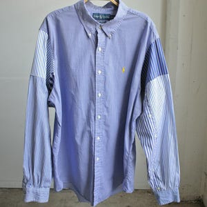 Custom Vintage Polo Patchwork Sleeve Shirt – Blue Gingham with Blue & White Stripe Sleeves – One of a Kind