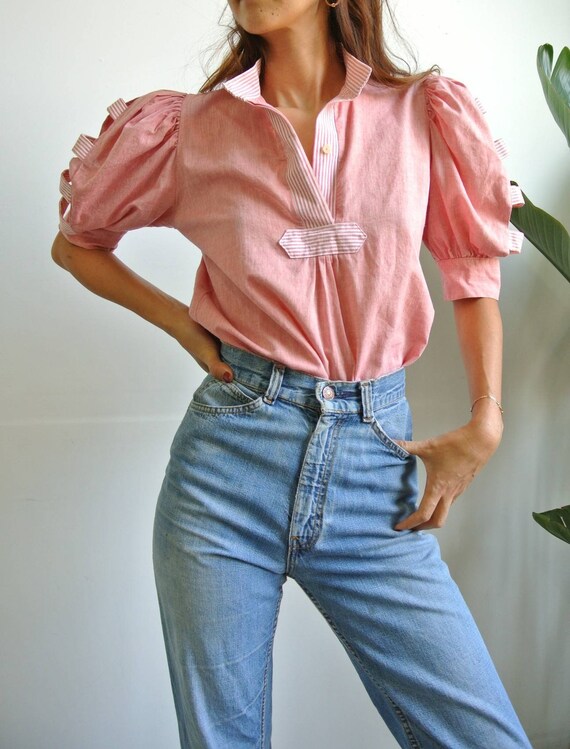Vintage 1980s pink chambray puff sleeve blouse