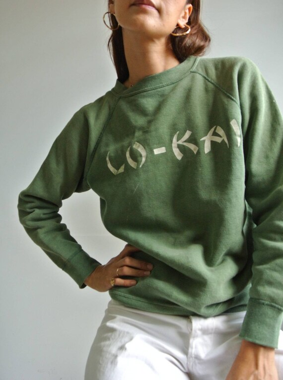 Vintage 1960s faded green Lo-Kai sweatshirt with e