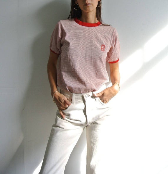 Vintage 1970s red x white stripe numbered t-shirt