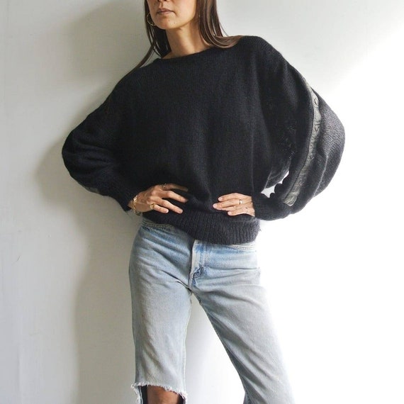 Vintage 1980s dolman sleeve with leather trim blac