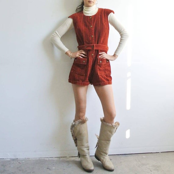 Vintage 1970s burnt orange velour shorts romper ju