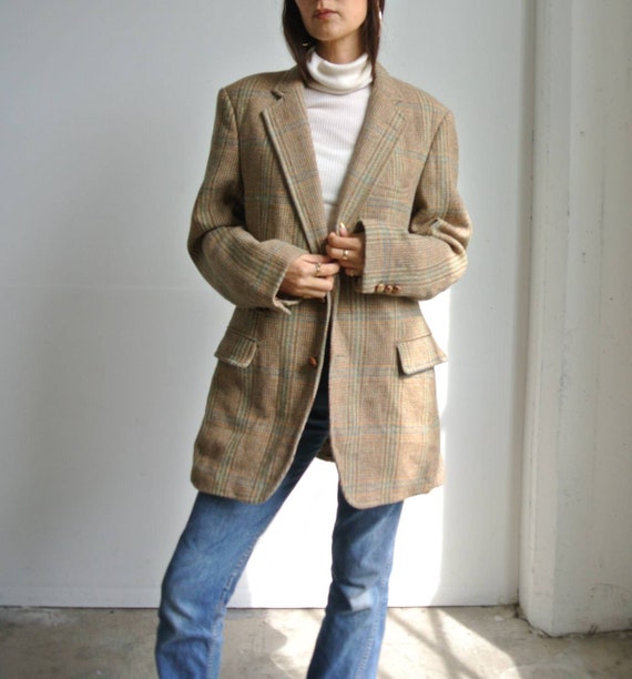 Vintage 1970s tweed beige x sage green oversize bl