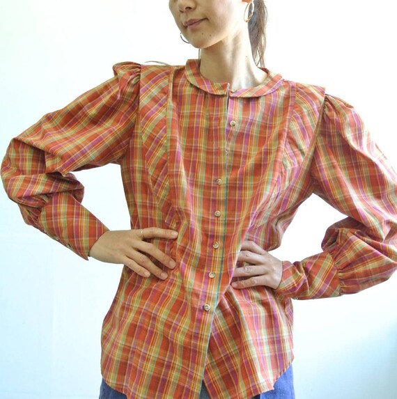 Vintage 1980s plaid puff sleeve blouse