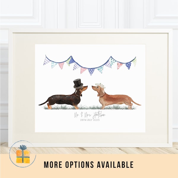 Personalised sausage dog print, A4 size, Unframed, Wedding or first anniversary gift idea, Paper anniversary print