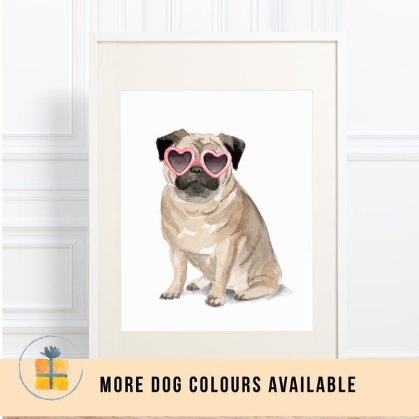 Watercolour pug art, Cute dog print, Choice of tan or black, A4 size, Unframed print