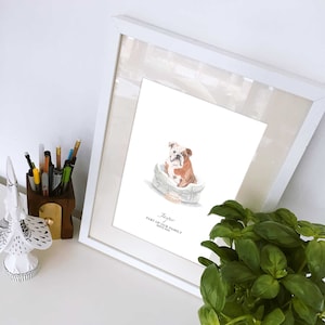 Personalised English Bulldog print, Dog bed illustration, A4 size, Unframed