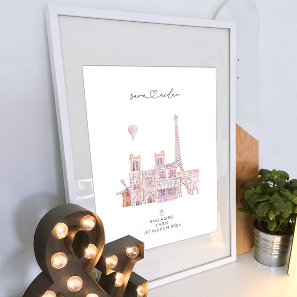 Personalised Paris marriage or engagement print, Eiffel tower proposal gift, Unframed