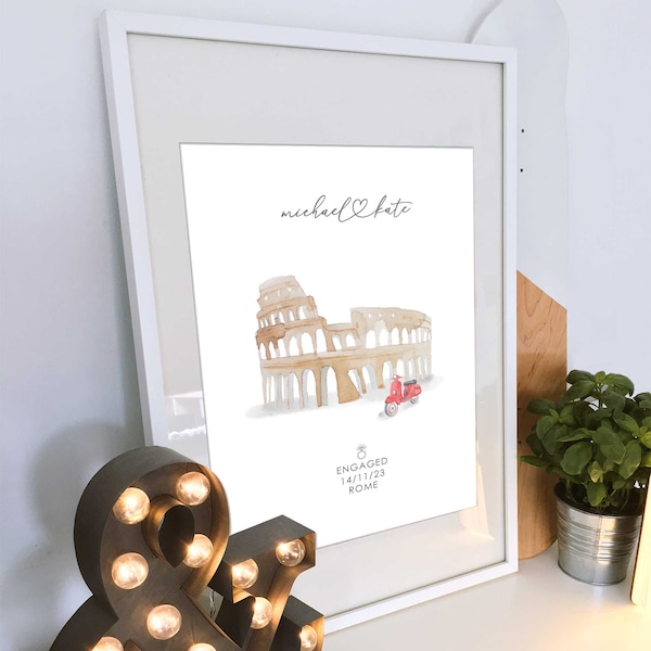 Personalised Rome marriage or engagement print, Destination wedding gift, A4 size, Unframed