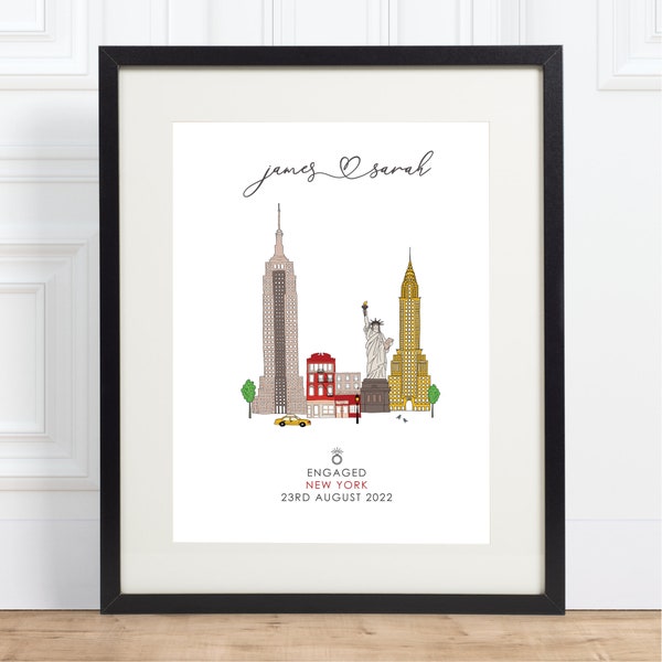 Personalised New York wedding or engagement gift, Destination wedding print, A4 size, Unframed