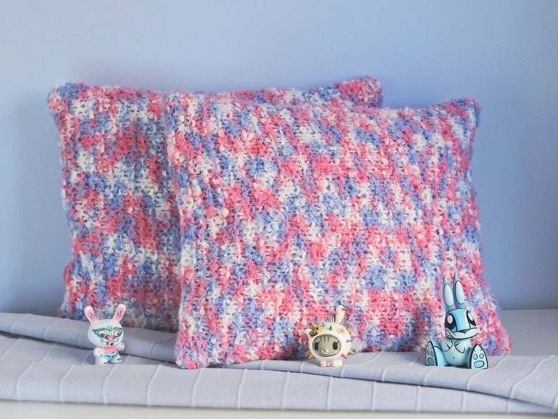 Colorful knit pillows Soft multicolored throw cushions Fluffy pink, blue and white pillows Cottage core, boho or country style pillows image 5
