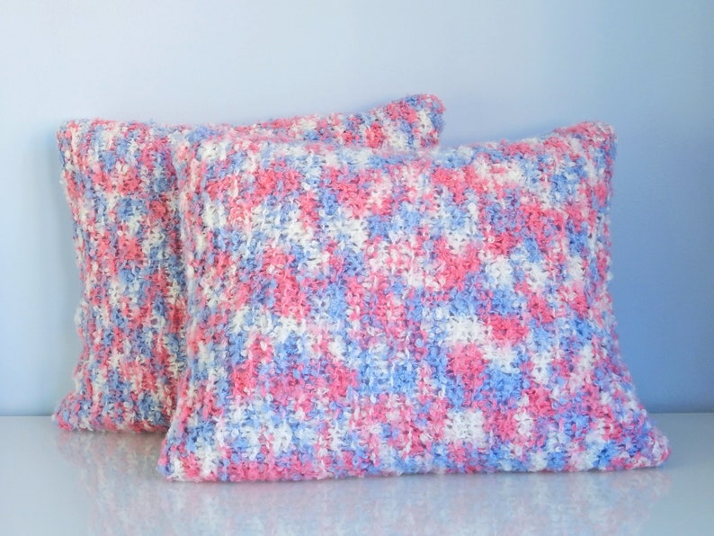 Colorful knit pillows Soft multicolored throw cushions Fluffy pink, blue and white pillows Cottage core, boho or country style pillows image 2