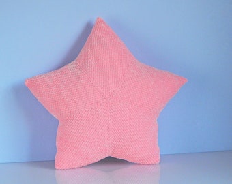 Pink star shaped crochet pillow, Soft throw cushion with velvet touch, Large amigurumi star, For nursery, child or teenager's bedroom decor