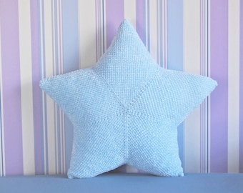 Blue star shaped crochet pillow, Soft throw cushion with velvet touch, Large amigurumi star, For nursery, child or teenager's bedroom decor